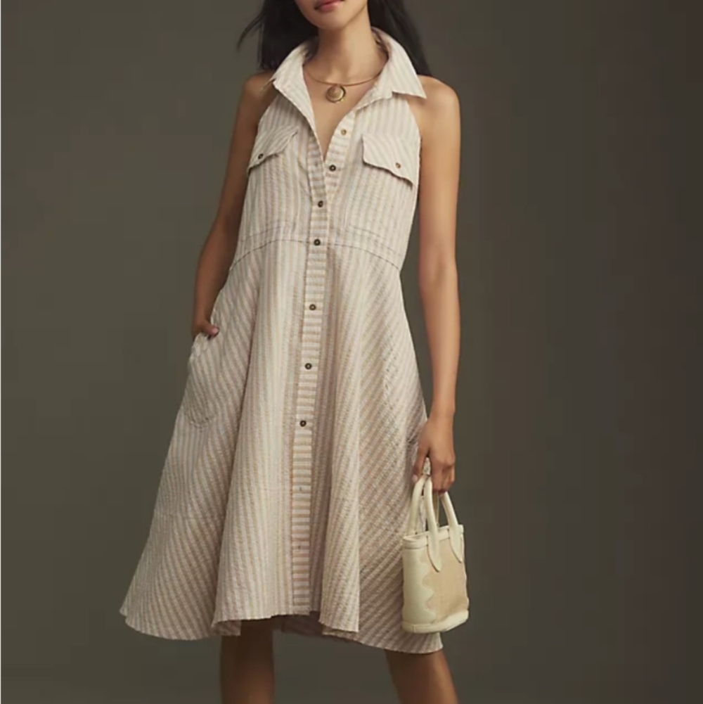 Pilcro Cream and Pink Striped Sleeveless Midi Shirt Dress